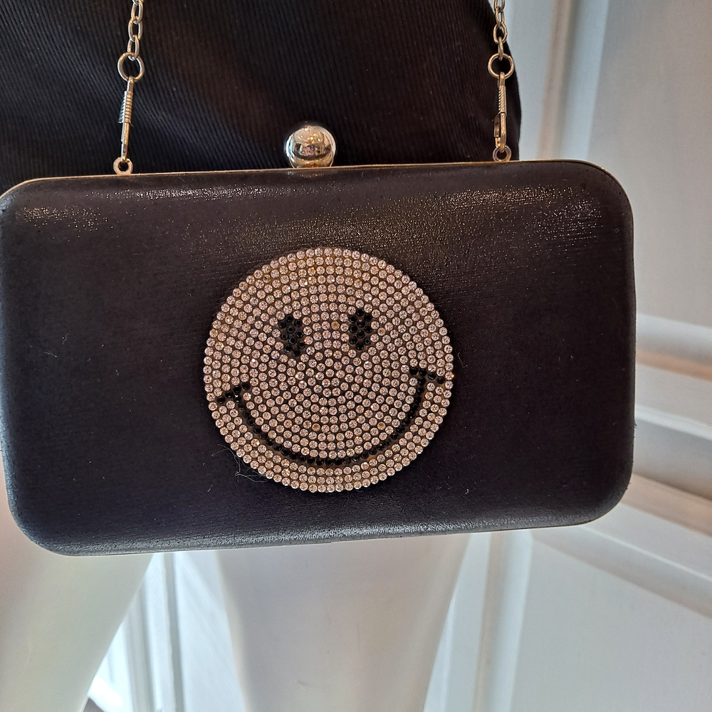 Chic Hardbodied Black Satin Clutch with Crystal Smiley Face